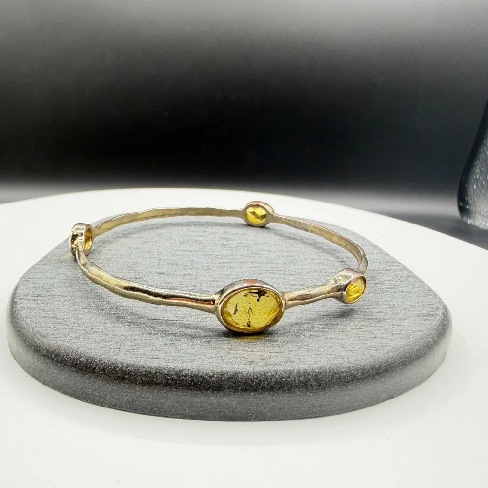 Yellow Crystal Silver Tone Bangle Bracelet Bezel Set Boho Statement Jewelry